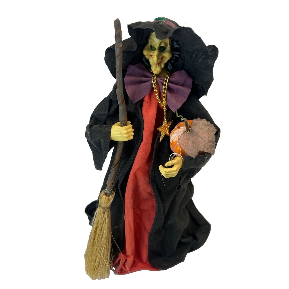 Paper Mache Halloween Witch Pumpkin Broom Cackling Sound & Light Up Eyes